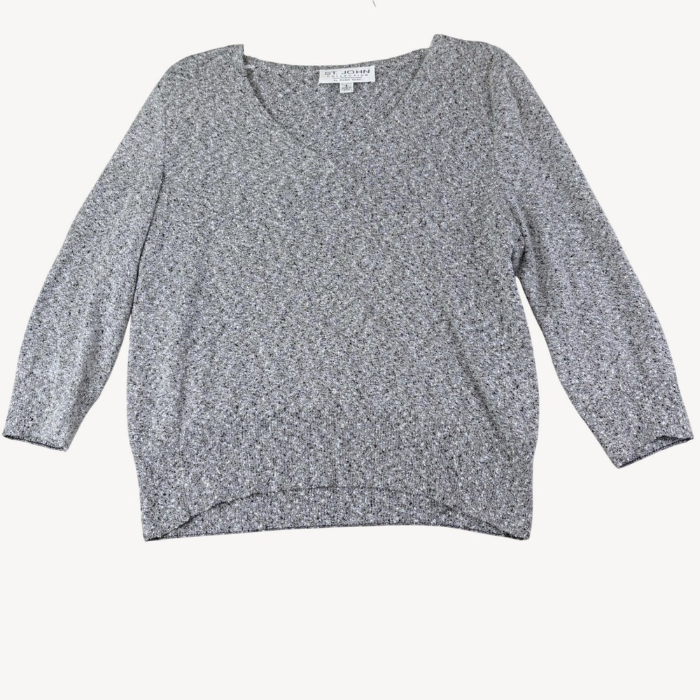 St. John 8 Gray Marled V-Neck Knit Sweater 3/4 Sleeve Preppy VTG Fall 2003 USA